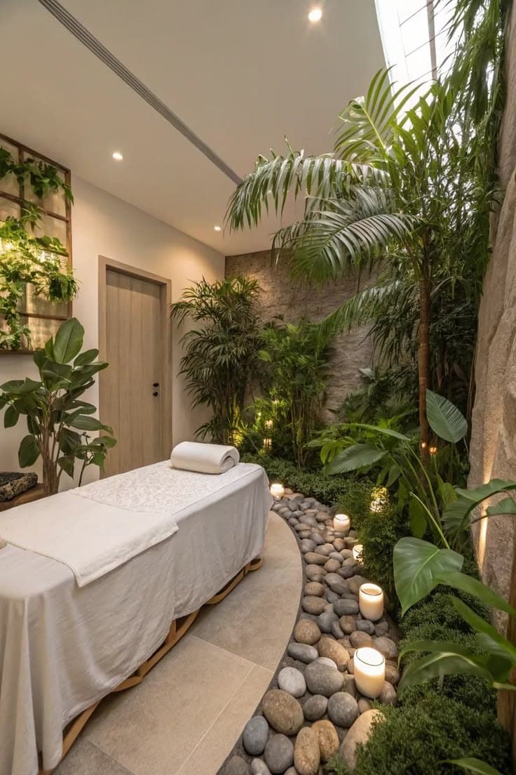 A massage table beside a path of river stones and candles, lined with tropical plants and a stone wall